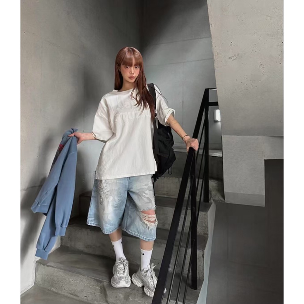 韓國選物🇰🇷迷彩七分造型刷破牛仔褲-細節圖9