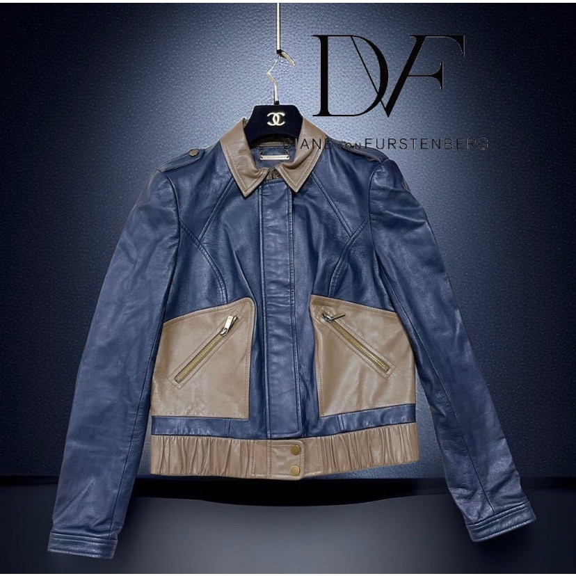 🇺🇸DVF凱特王妃愛牌｜DIANE VON FURSTENBERG 100%小羊皮雙色拼接外套Size:S#二手-細節圖7