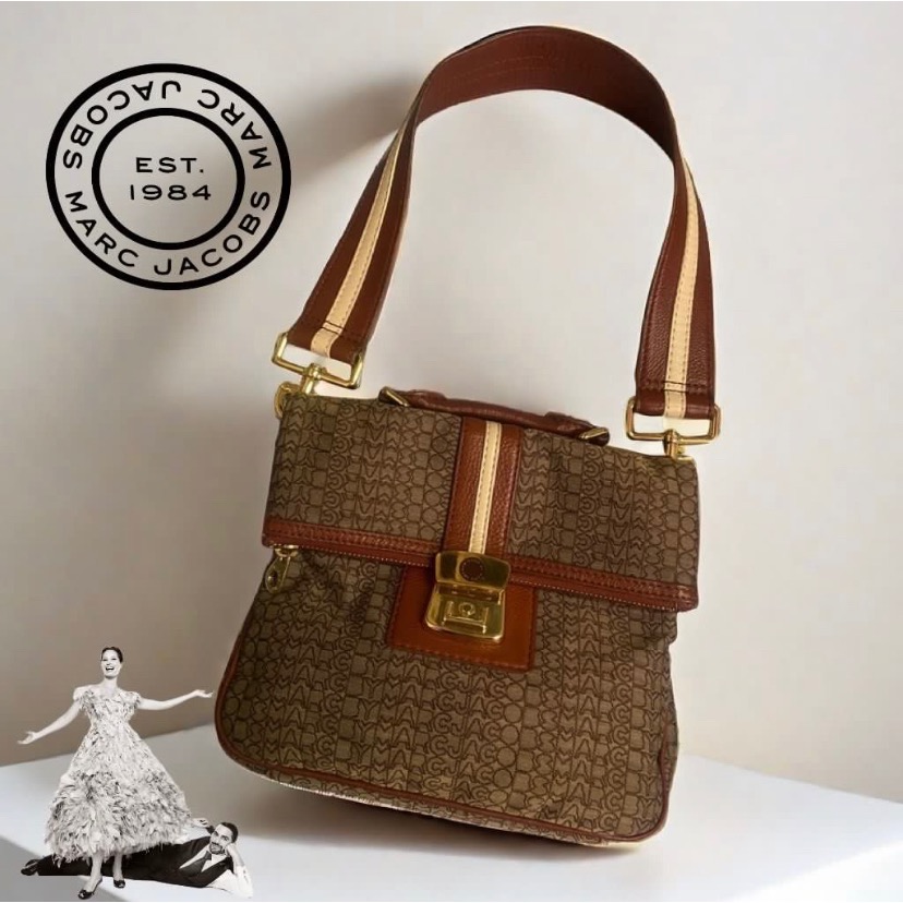 🐧美國MARC BY MARC JACOBS|棕色標誌設計帆布x皮革2way手提包.單肩包Size:28x24cm#二手-細節圖3