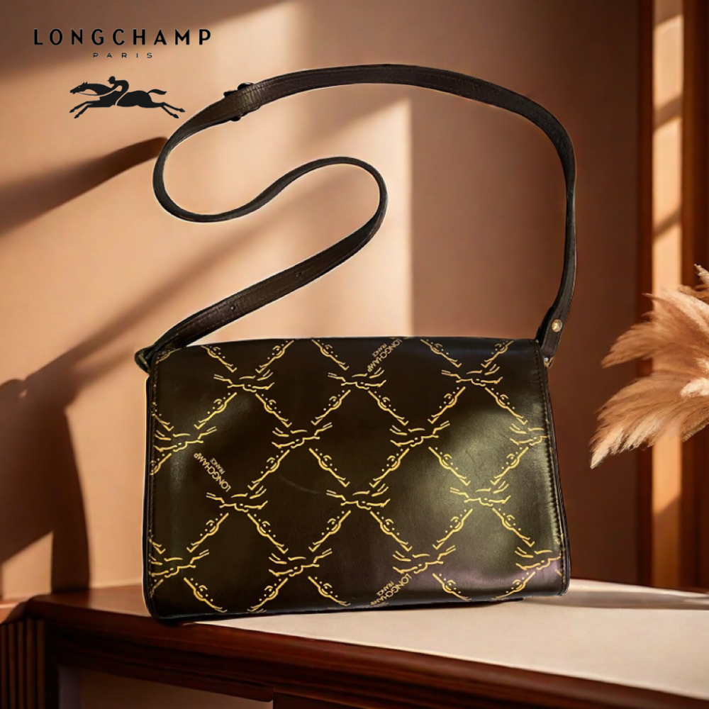 📯法國LONGCHAMP|復古80’s法國製經典花紋皮革肩背包. 斜背包Size:26x19x5cm#二手-細節圖2