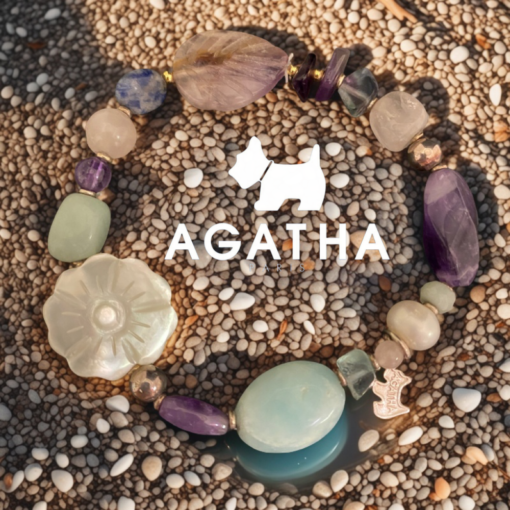 🐾法國AGATHA璦嘉莎狗狗｜粉晶.紫水晶.珍珠.彩色寶石手鍊Size:18cm#二手-細節圖2