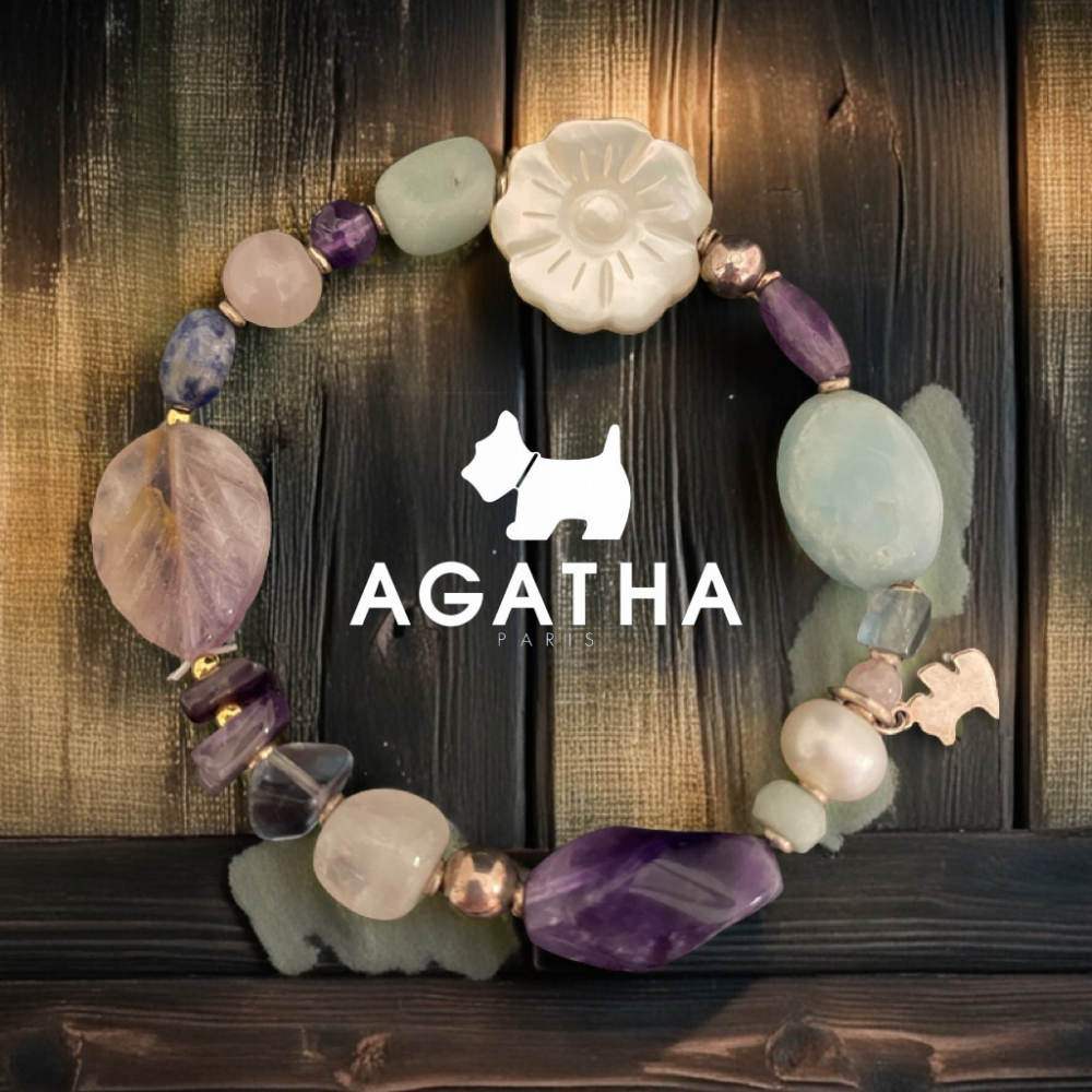 🐾法國AGATHA璦嘉莎狗狗｜粉晶.紫水晶.珍珠.彩色寶石手鍊Size:18cm#二手-細節圖3