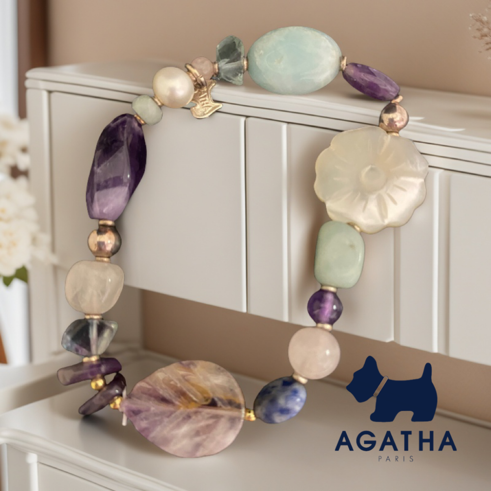 🐾法國AGATHA璦嘉莎狗狗｜粉晶.紫水晶.珍珠.彩色寶石手鍊Size:18cm#二手-細節圖4