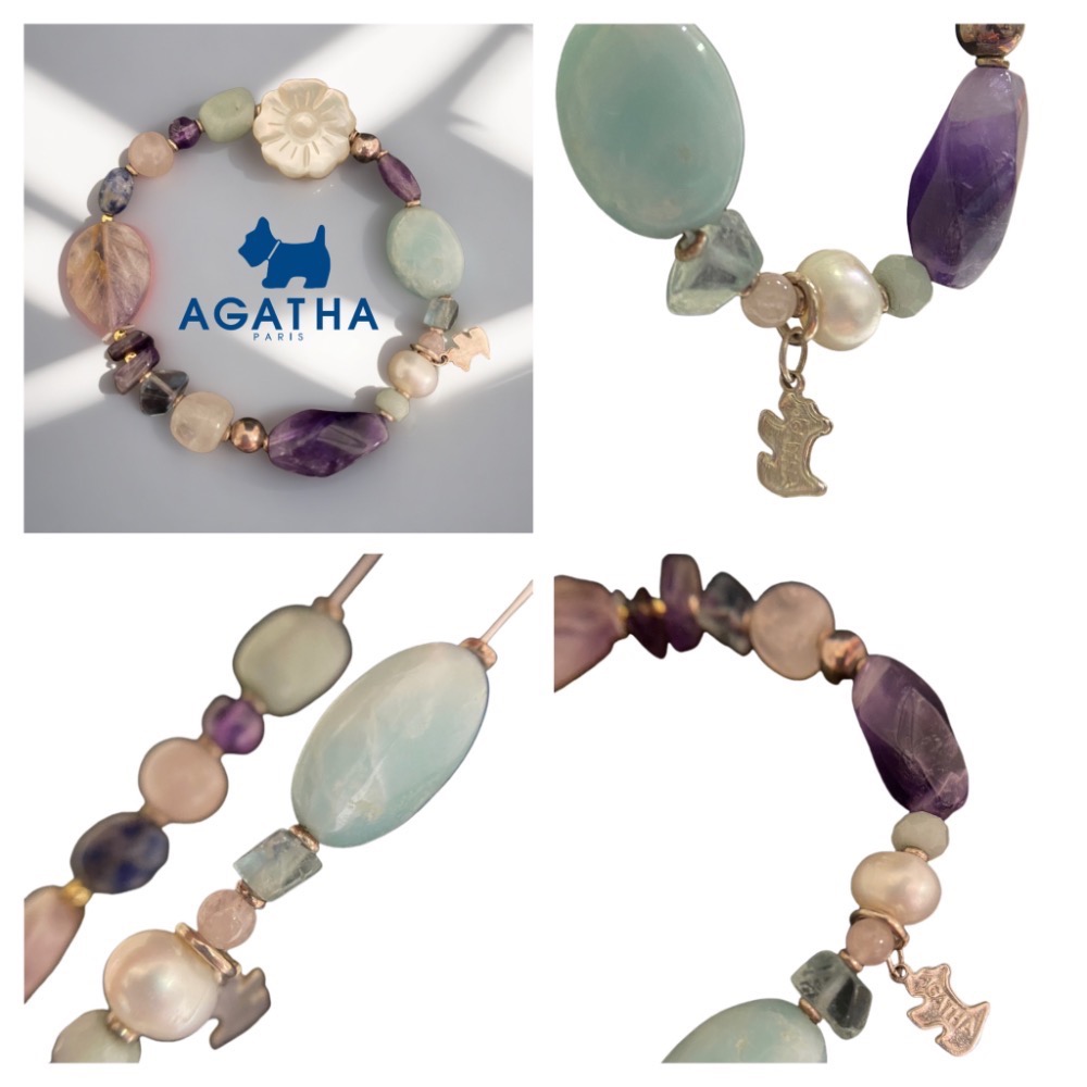 🐾法國AGATHA璦嘉莎狗狗｜粉晶.紫水晶.珍珠.彩色寶石手鍊Size:18cm#二手-細節圖8