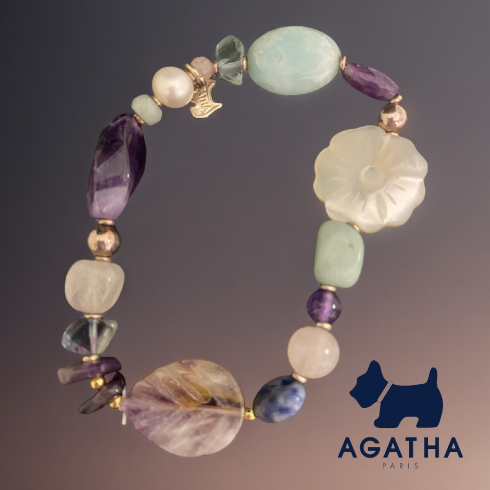 🐾法國AGATHA璦嘉莎狗狗｜粉晶.紫水晶.珍珠.彩色寶石手鍊Size:18cm#二手-細節圖9