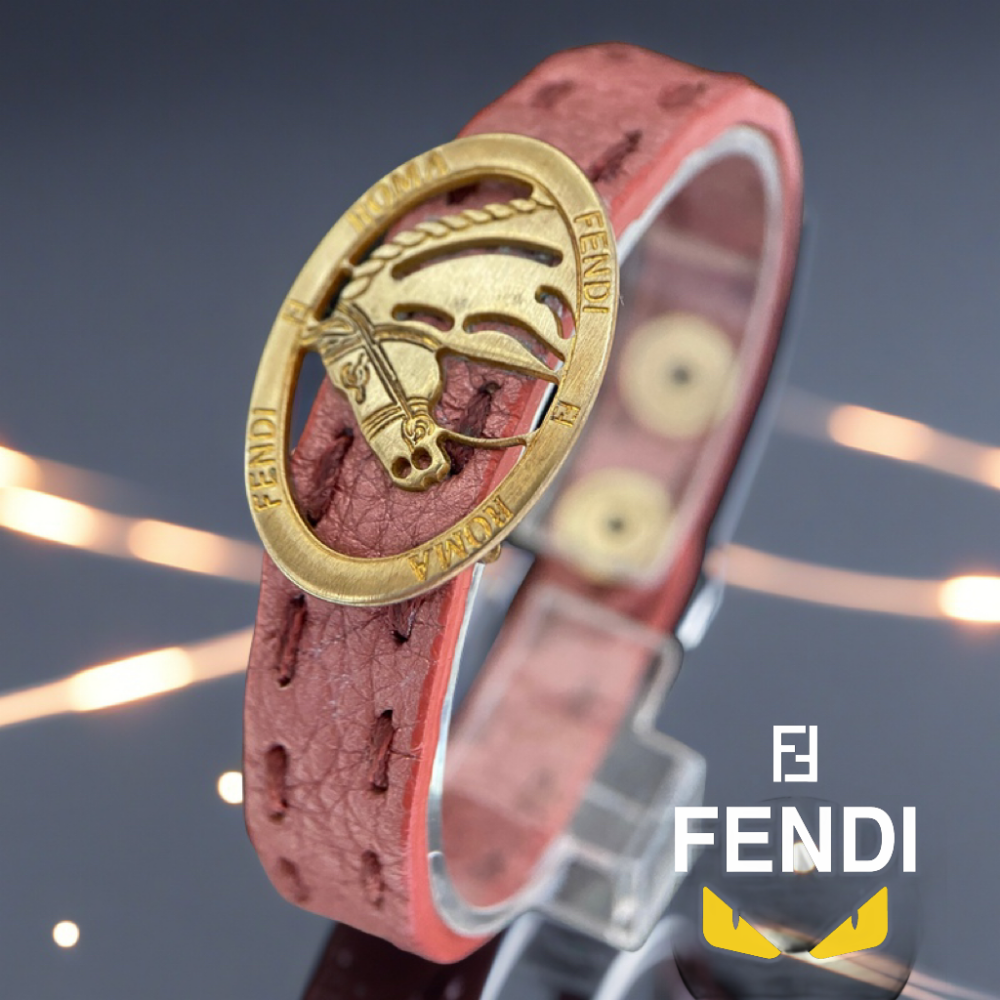 😈 FENDI芬廸|金屬灰粉色皮革Selleria 馬圖案纏繞手環.手鍊Size:20cm#二手-細節圖3