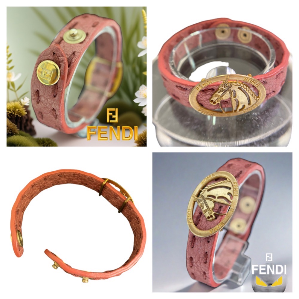 😈 FENDI芬廸|金屬灰粉色皮革Selleria 馬圖案纏繞手環.手鍊Size:20cm#二手-細節圖7