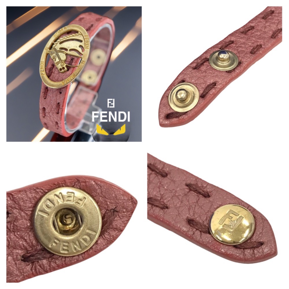 😈 FENDI芬廸|金屬灰粉色皮革Selleria 馬圖案纏繞手環.手鍊Size:20cm#二手-細節圖9