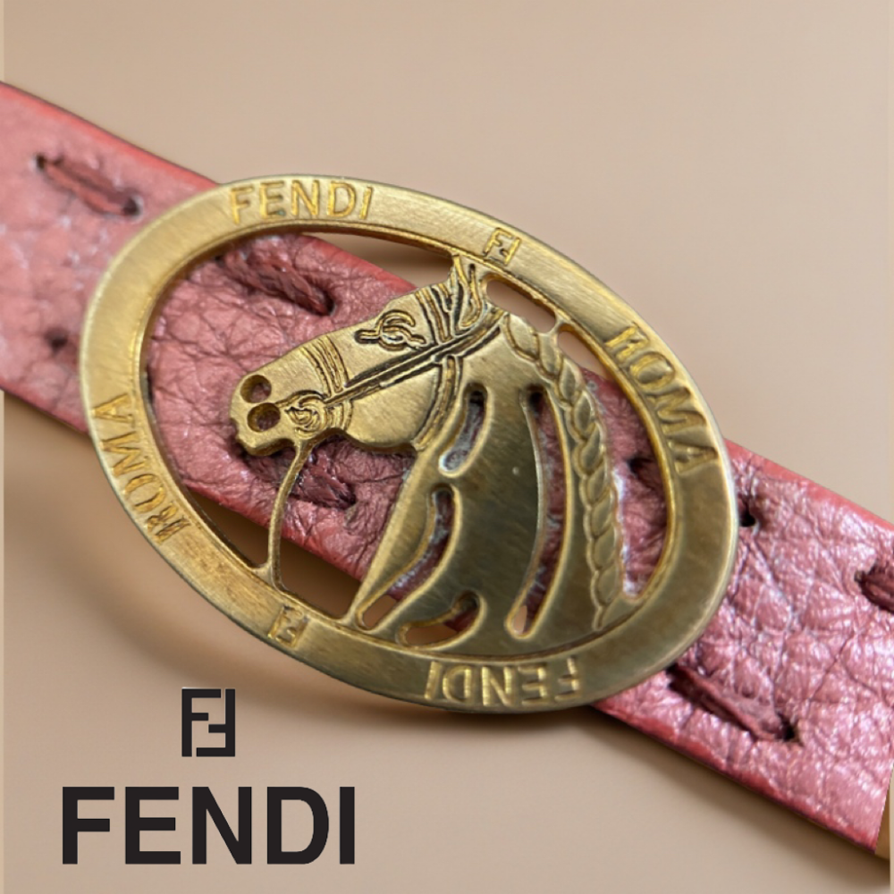 😈 FENDI芬廸|金屬灰粉色皮革Selleria 馬圖案纏繞手環.手鍊Size:20cm#二手-細節圖10