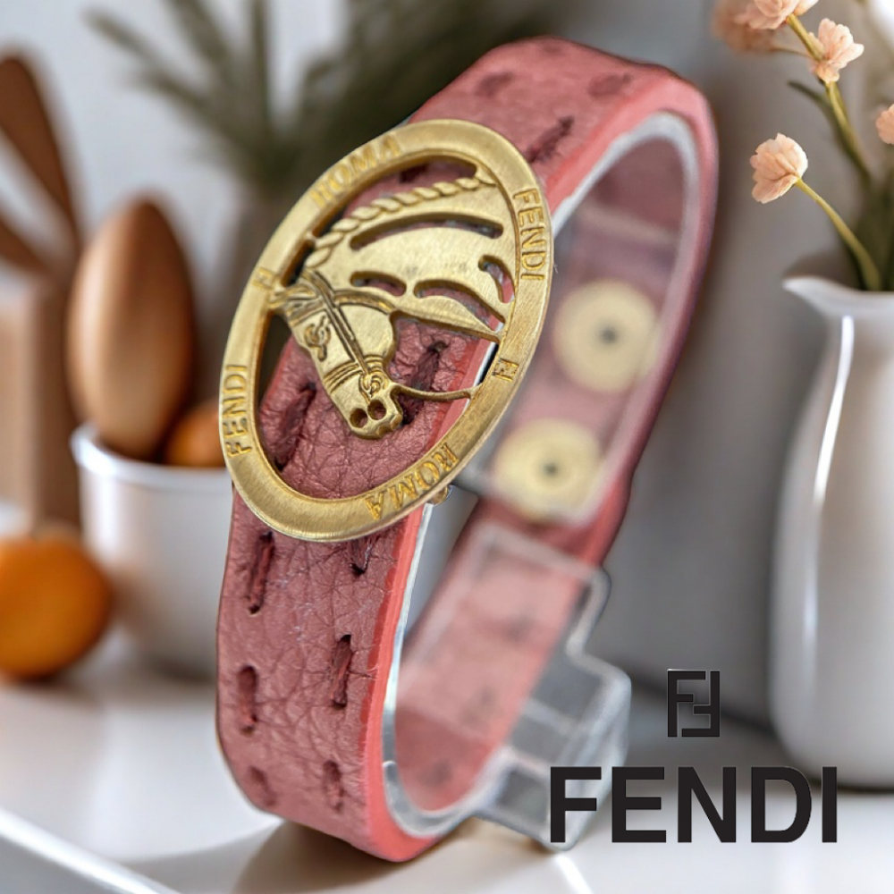 😈 FENDI芬廸|金屬灰粉色皮革Selleria 馬圖案纏繞手環.手鍊Size:20cm#二手-細節圖11