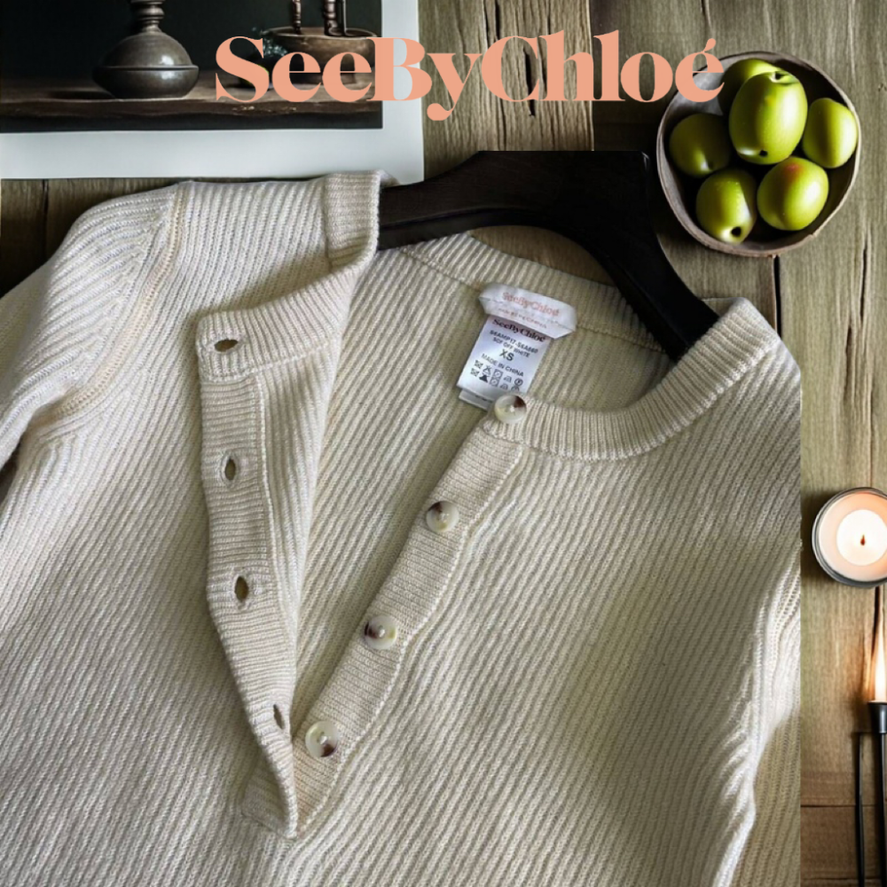 🦄CHLOE’副牌See by Chloé | 象牙色長袖亨利領羊毛混紡針織衫.上衣Size:XS#二手-細節圖3