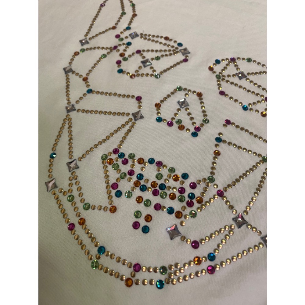 ☠️法國Lucien pellat-finet|白色施華洛世奇鉚釘裝飾短袖骷髏T恤.上衣Size:XL#二手-細節圖2