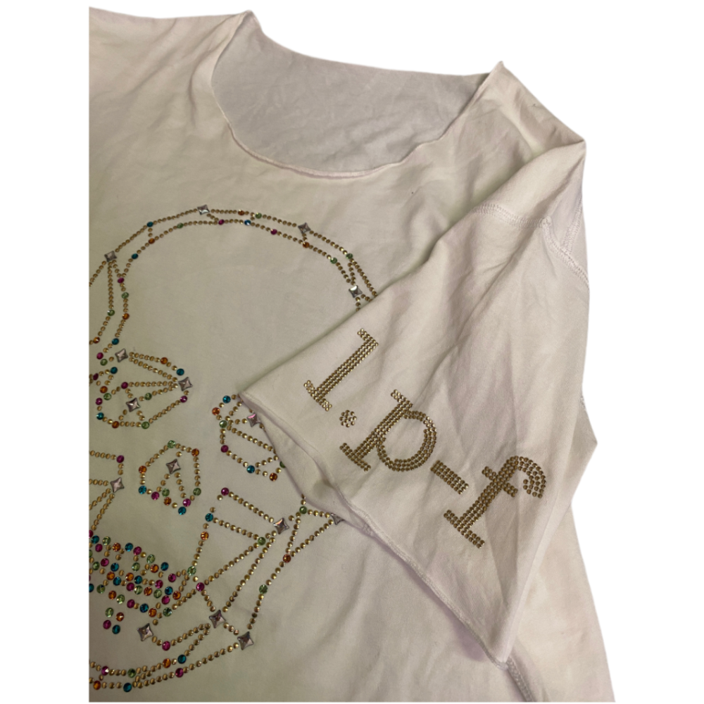 ☠️法國Lucien pellat-finet|白色施華洛世奇鉚釘裝飾短袖骷髏T恤.上衣Size:XL#二手-細節圖4