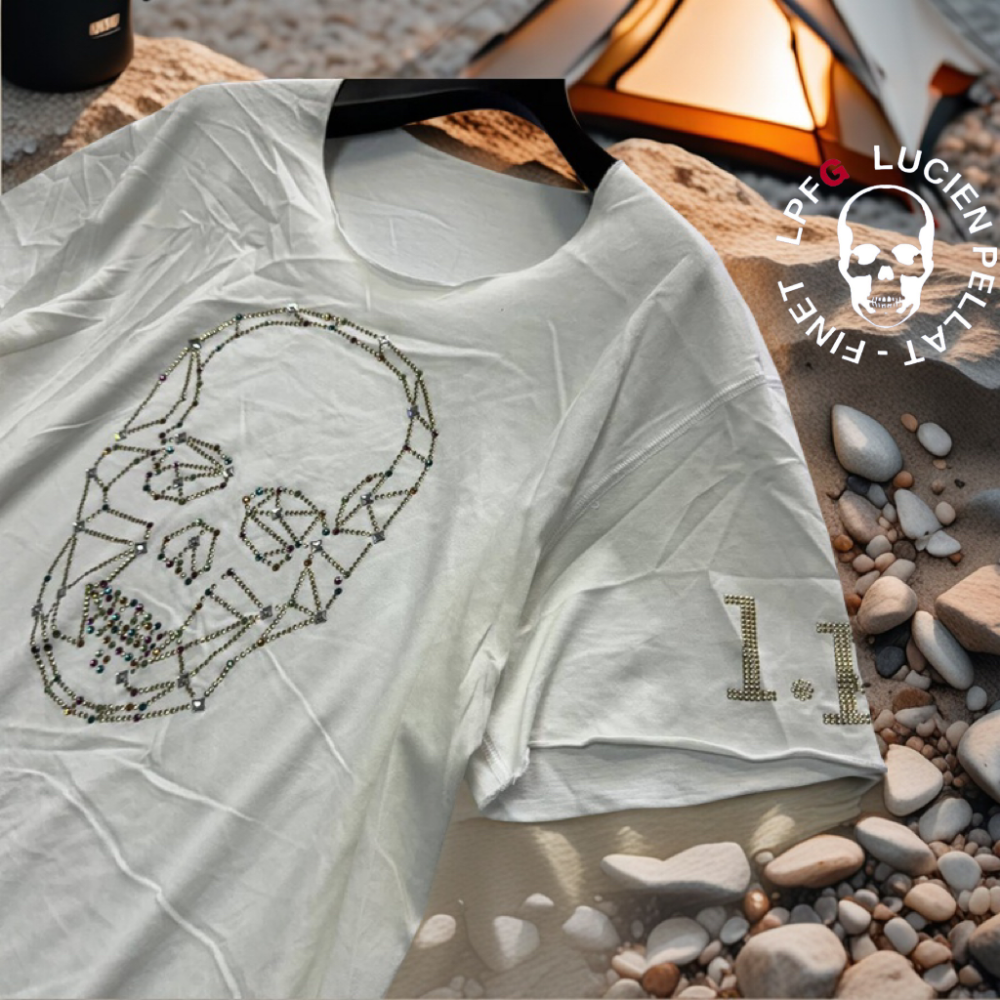 ☠️法國Lucien pellat-finet|白色施華洛世奇鉚釘裝飾短袖骷髏T恤.上衣Size:XL#二手-細節圖5