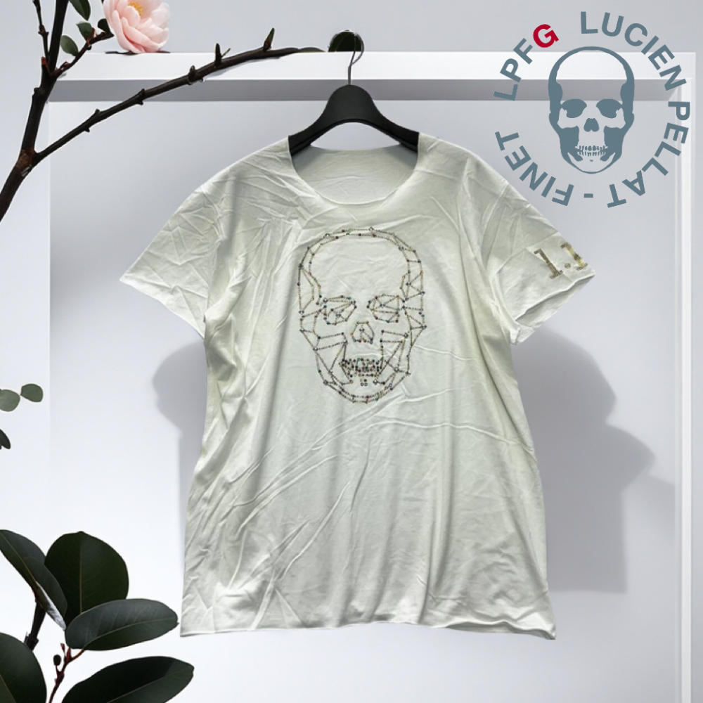 ☠️法國Lucien pellat-finet|白色施華洛世奇鉚釘裝飾短袖骷髏T恤.上衣Size:XL#二手-細節圖6