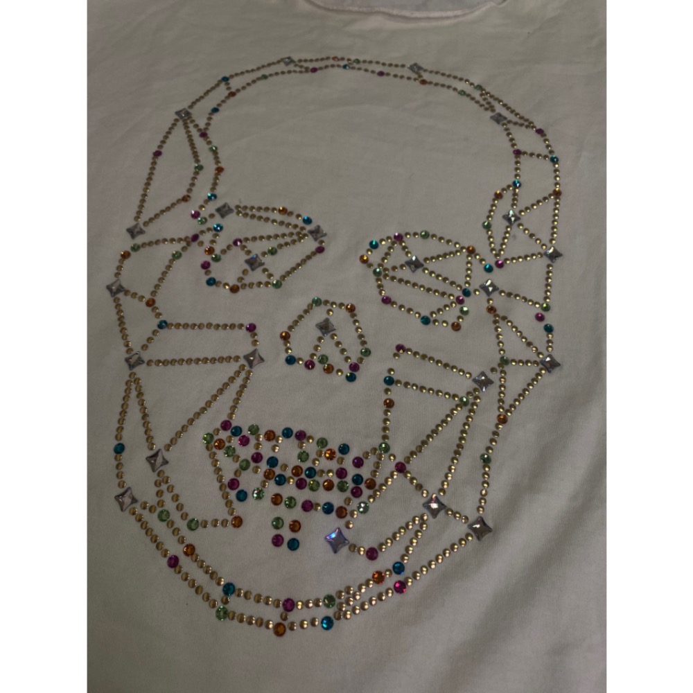 ☠️法國Lucien pellat-finet|白色施華洛世奇鉚釘裝飾短袖骷髏T恤.上衣Size:XL#二手-細節圖10