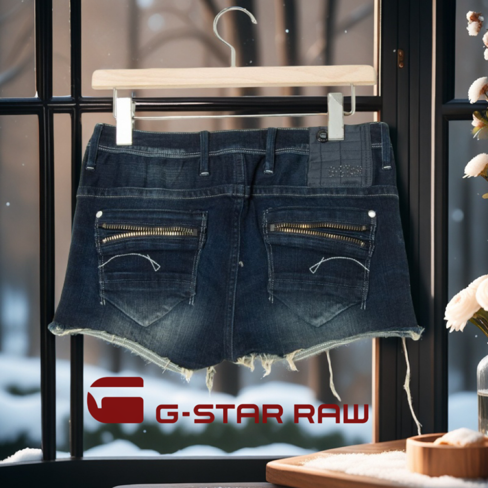 🌷荷蘭G-STAR RAW| 靛藍色棉質彈力休閒仿舊牛仔短褲Size:26#全新-細節圖2