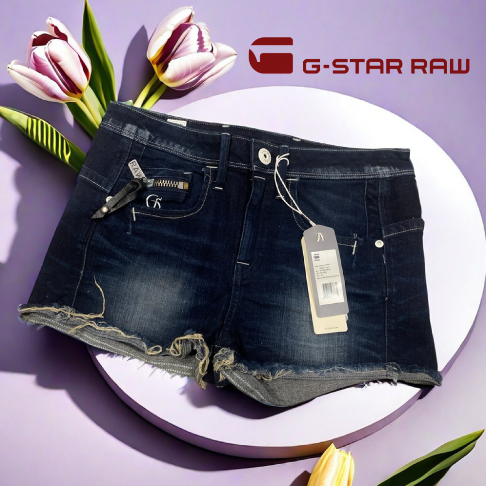 🌷荷蘭G-STAR RAW| 靛藍色棉質彈力休閒仿舊牛仔短褲Size:26#全新-細節圖3