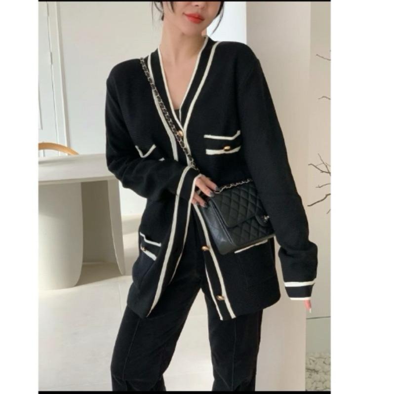 現貨 N015 正韓🇰🇷 金屬釦小香風寬鬆針織外套 長版 v領-細節圖2