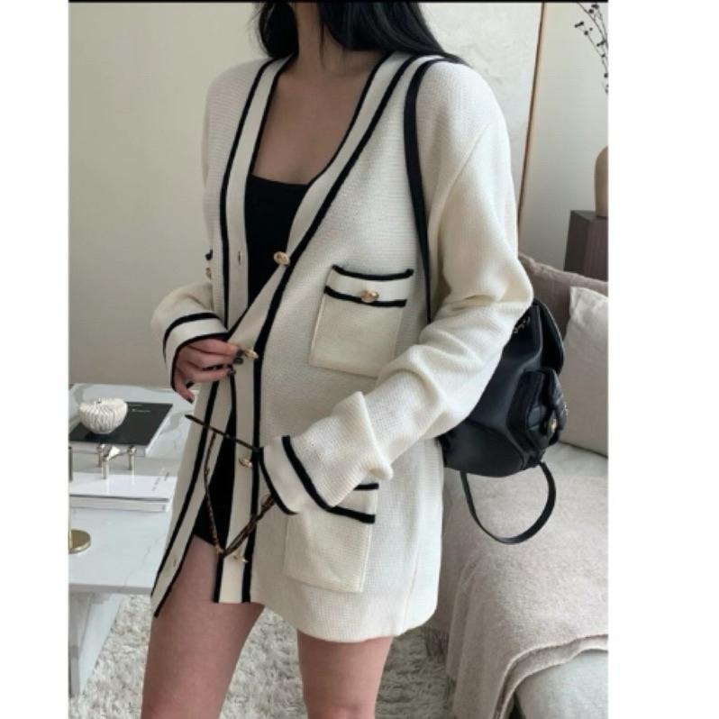 現貨 N015 正韓🇰🇷 金屬釦小香風寬鬆針織外套 長版 v領-細節圖5