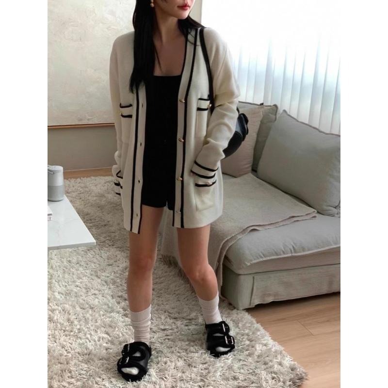 現貨 N015 正韓🇰🇷 金屬釦小香風寬鬆針織外套 長版 v領-細節圖8