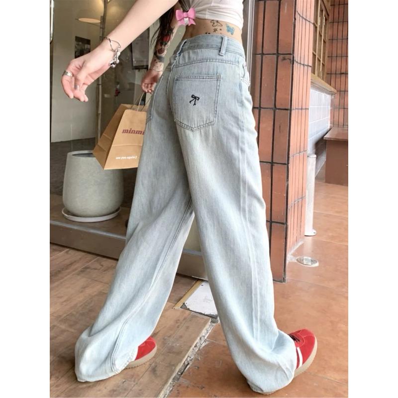 MIMIMOLLY｜現貨｜水洗蝴蝶結刺繡刷色寬管牛仔褲-細節圖2