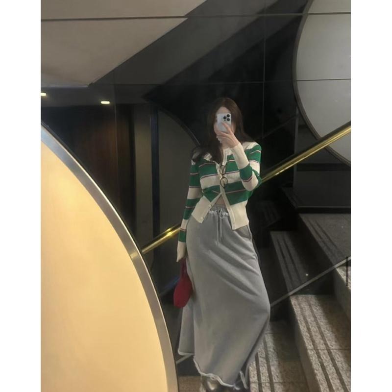 黑色外套最後現貨 N026正韓🇰🇷 時尚條紋針織上衣半身裙套裝-細節圖3