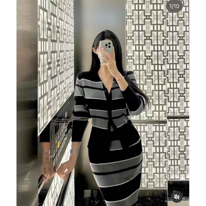黑色外套最後現貨 N026正韓🇰🇷 時尚條紋針織上衣半身裙套裝-細節圖5