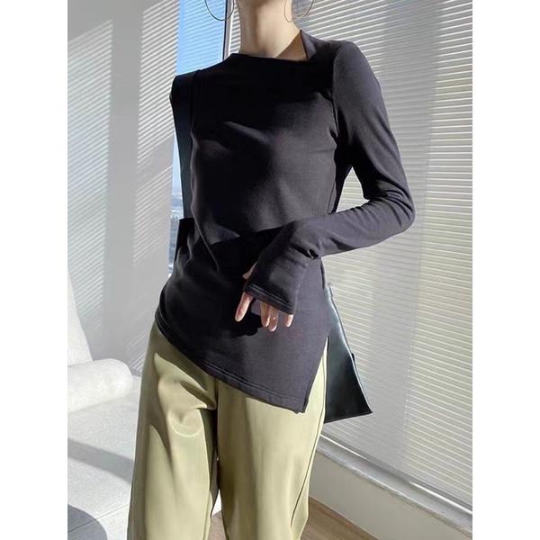 黑S M 不用等 MIMIMOLLY｜MP099不規則斜領顯瘦長袖上衣-細節圖5