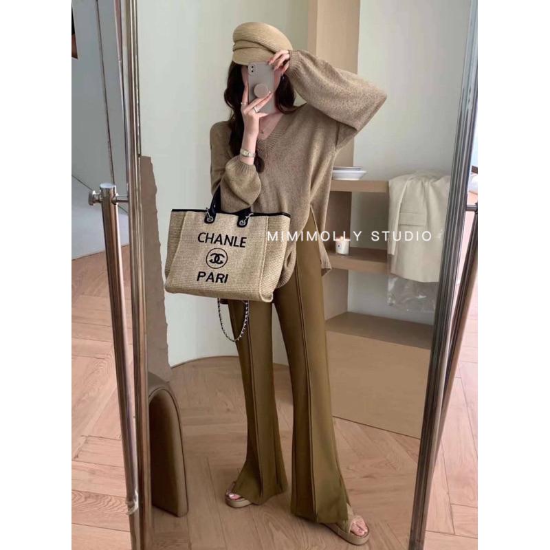 MIMIMOLLY｜綠色現貨｜韓版高腰微喇叭垂感落地開叉褲-細節圖2