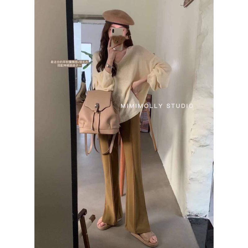 MIMIMOLLY｜綠色現貨｜韓版高腰微喇叭垂感落地開叉褲-細節圖3