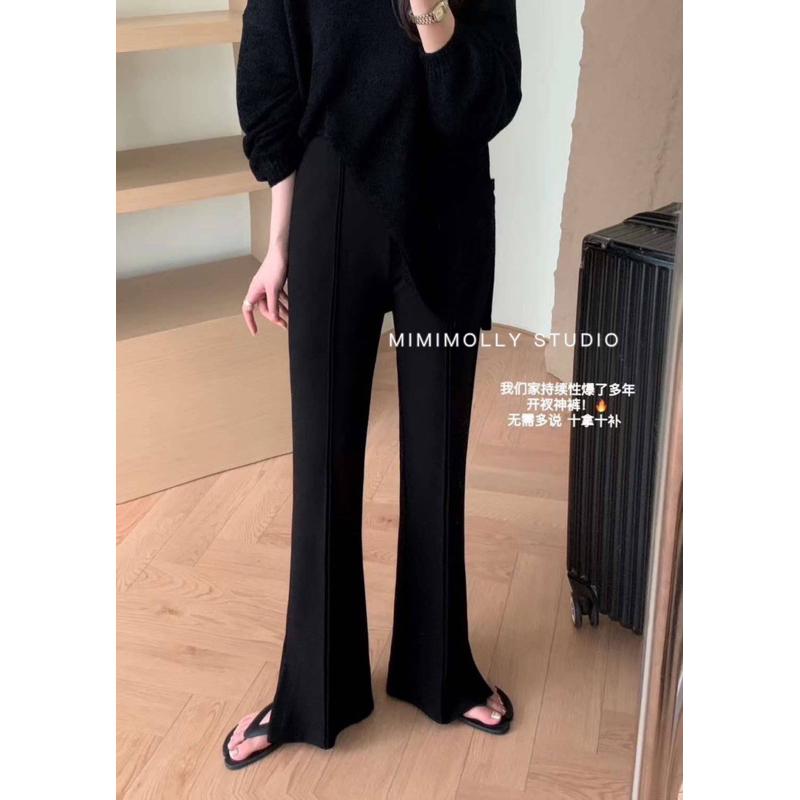 MIMIMOLLY｜綠色現貨｜韓版高腰微喇叭垂感落地開叉褲-細節圖4