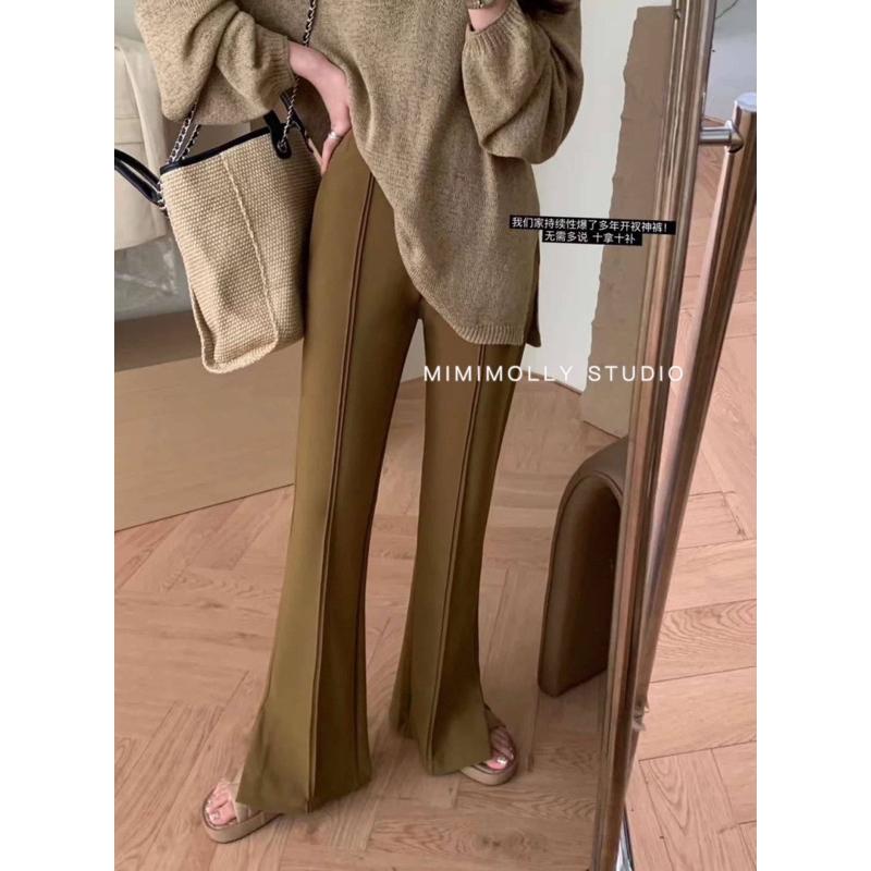 MIMIMOLLY｜綠色現貨｜韓版高腰微喇叭垂感落地開叉褲-細節圖5