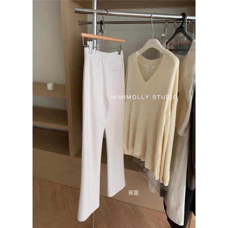 MIMIMOLLY｜綠色現貨｜韓版高腰微喇叭垂感落地開叉褲-細節圖7