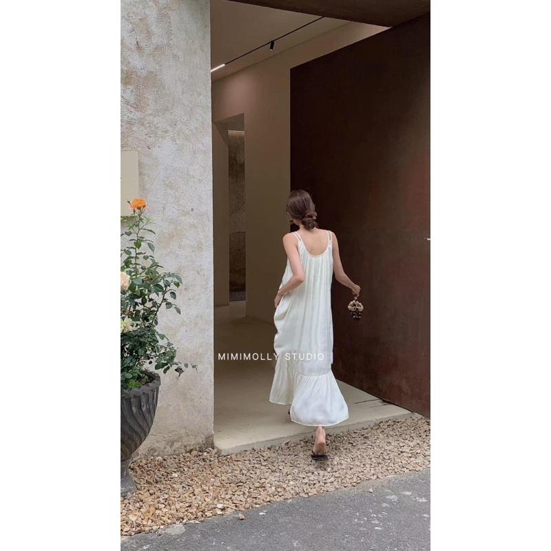 MIMIMOLLY闆娘實拍🌸｜白色現貨🔥｜ J00507仙女渡假風緞面細帶洋裝-細節圖3