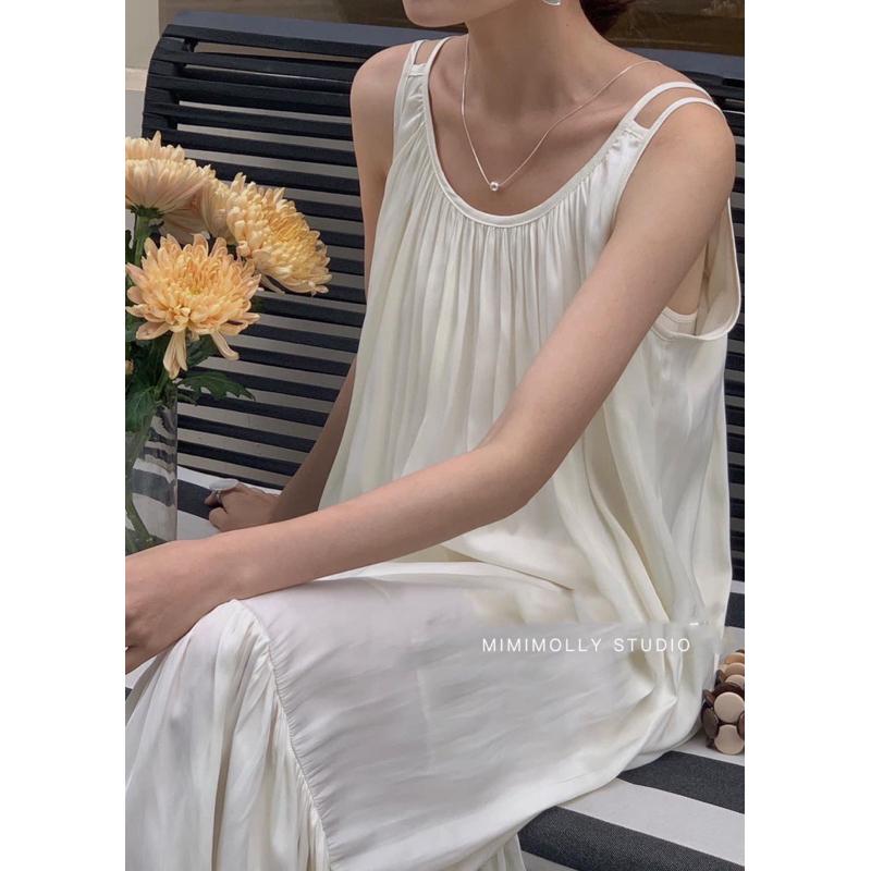 MIMIMOLLY闆娘實拍🌸｜白色現貨🔥｜ J00507仙女渡假風緞面細帶洋裝-細節圖5