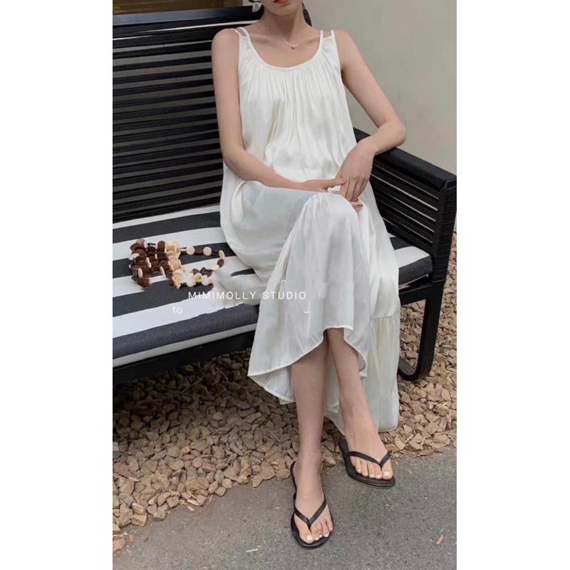 MIMIMOLLY闆娘實拍🌸｜白色現貨🔥｜ J00507仙女渡假風緞面細帶洋裝-細節圖6
