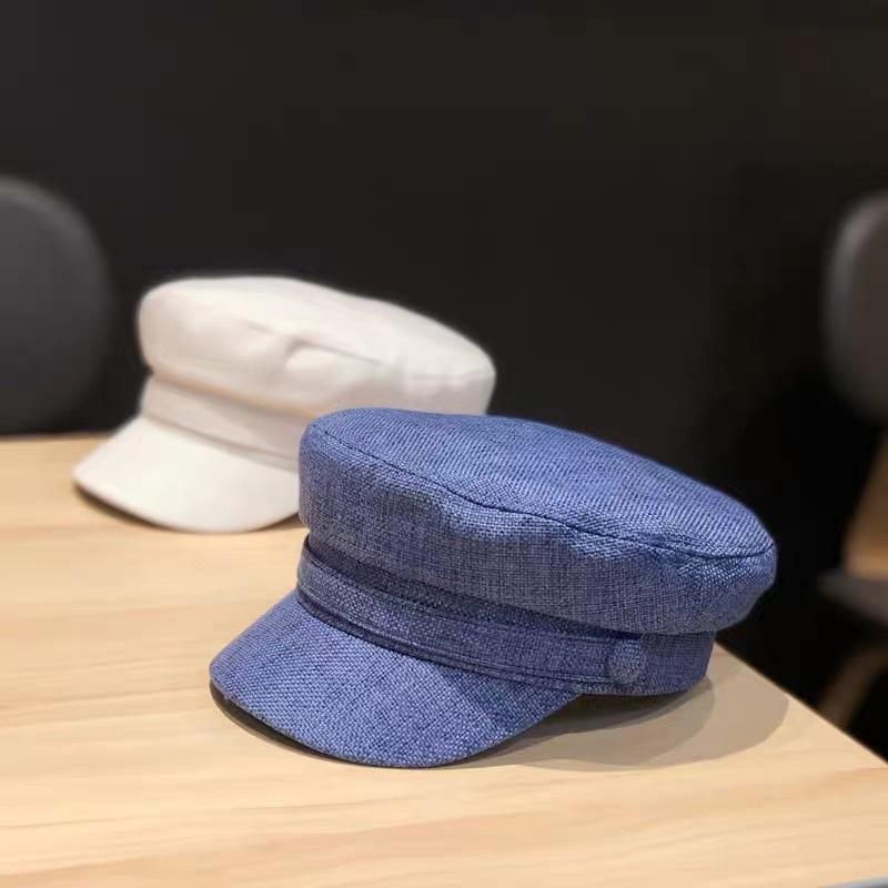 MIMIMOLLY｜現貨｜  A00066造型必備休閒百搭平頂透氣麻料海軍帽鴨舌帽時尚貝蕾帽-細節圖3