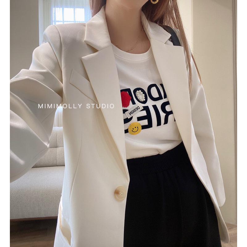 MIMIMOLLY ｜現貨｜MP063高級感奶油白休閒寬鬆西裝外套-細節圖2