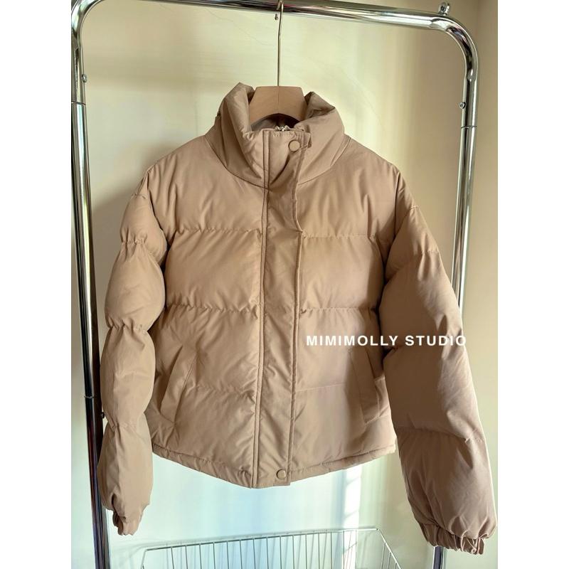 K079 現貨實拍✨奶茶色高領寬鬆短版舖棉外套-細節圖2