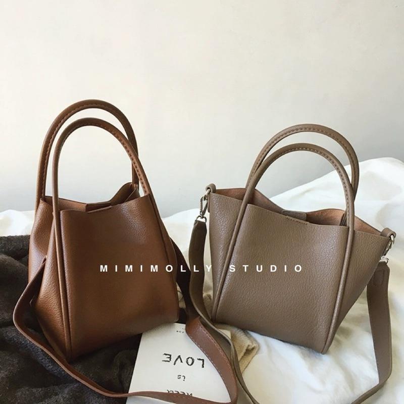 闆娘實拍🔥L95質感軟皮復古水桶包 子母包 附小包 兩用 手提 肩揹 斜揹-細節圖3