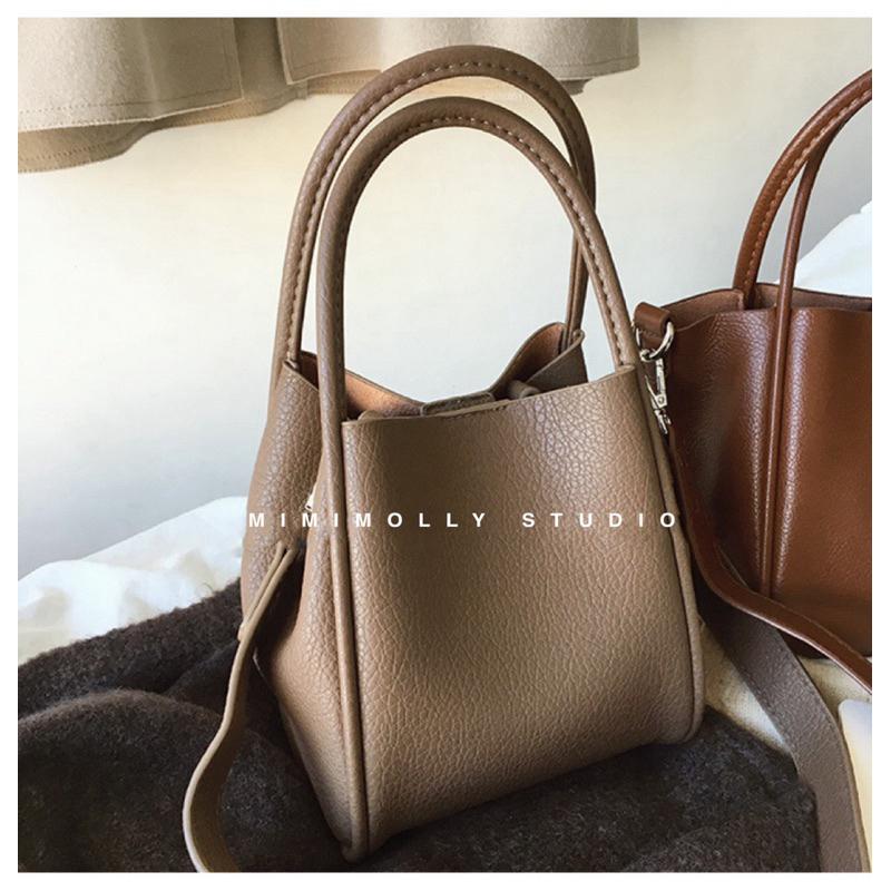 闆娘實拍🔥L95質感軟皮復古水桶包 子母包 附小包 兩用 手提 肩揹 斜揹-細節圖5