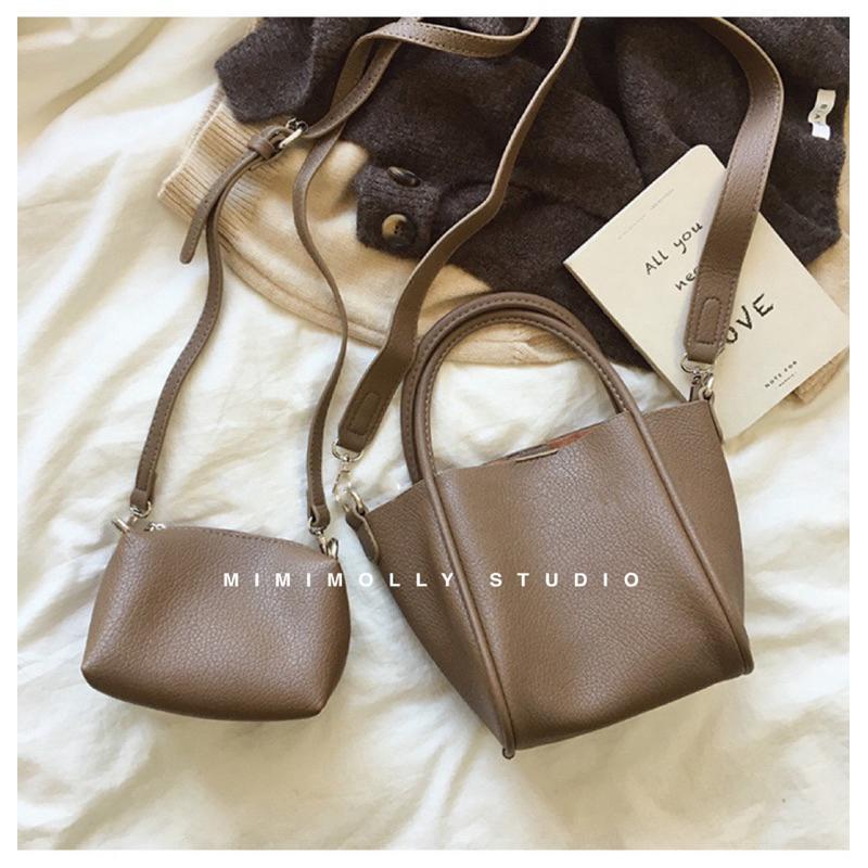闆娘實拍🔥L95質感軟皮復古水桶包 子母包 附小包 兩用 手提 肩揹 斜揹-細節圖9