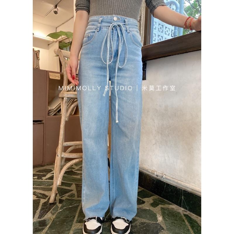 MIMIMOLLY｜現貨｜大尺碼  I00393正韓瞬間長腿彈性綁帶直筒牛仔褲 高腰-細節圖2