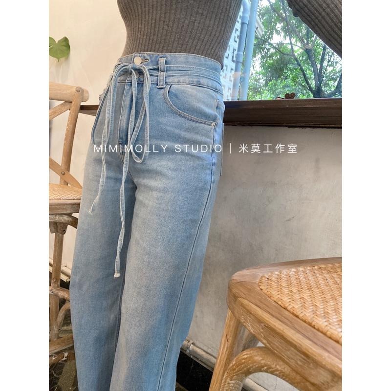 MIMIMOLLY｜現貨｜大尺碼  I00393正韓瞬間長腿彈性綁帶直筒牛仔褲 高腰-細節圖5
