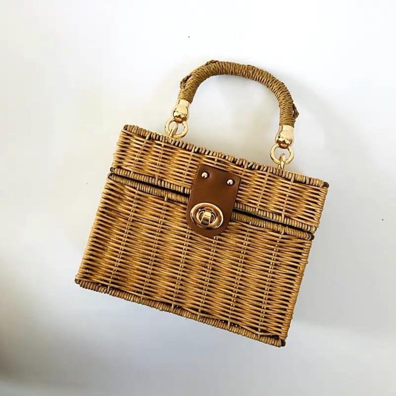 MIMIMOLLY｜現貨｜ A00026手工藤編包編織包竹藤包單把方型金鍊側背包-細節圖6