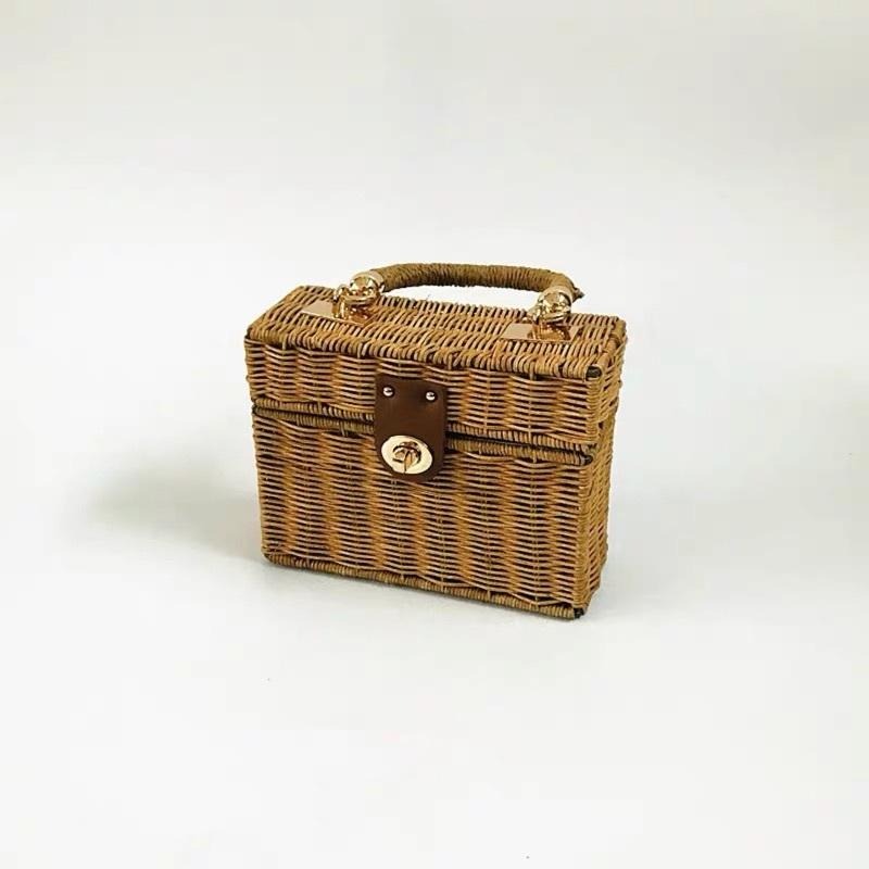 MIMIMOLLY｜現貨｜ A00026手工藤編包編織包竹藤包單把方型金鍊側背包-細節圖7