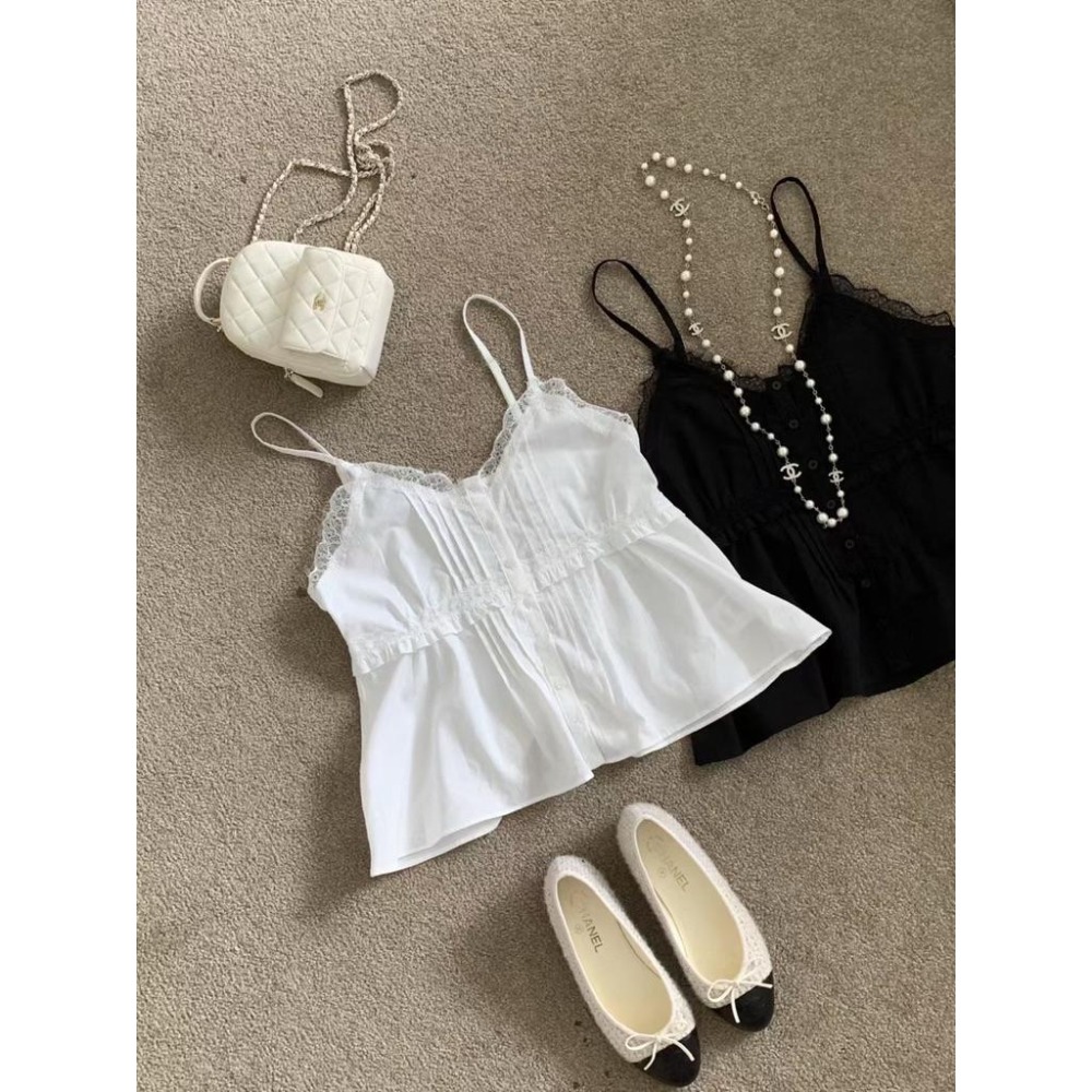 白現貨 O007 正韓🇰🇷 v領蕾絲排釦傘擺背心-細節圖7