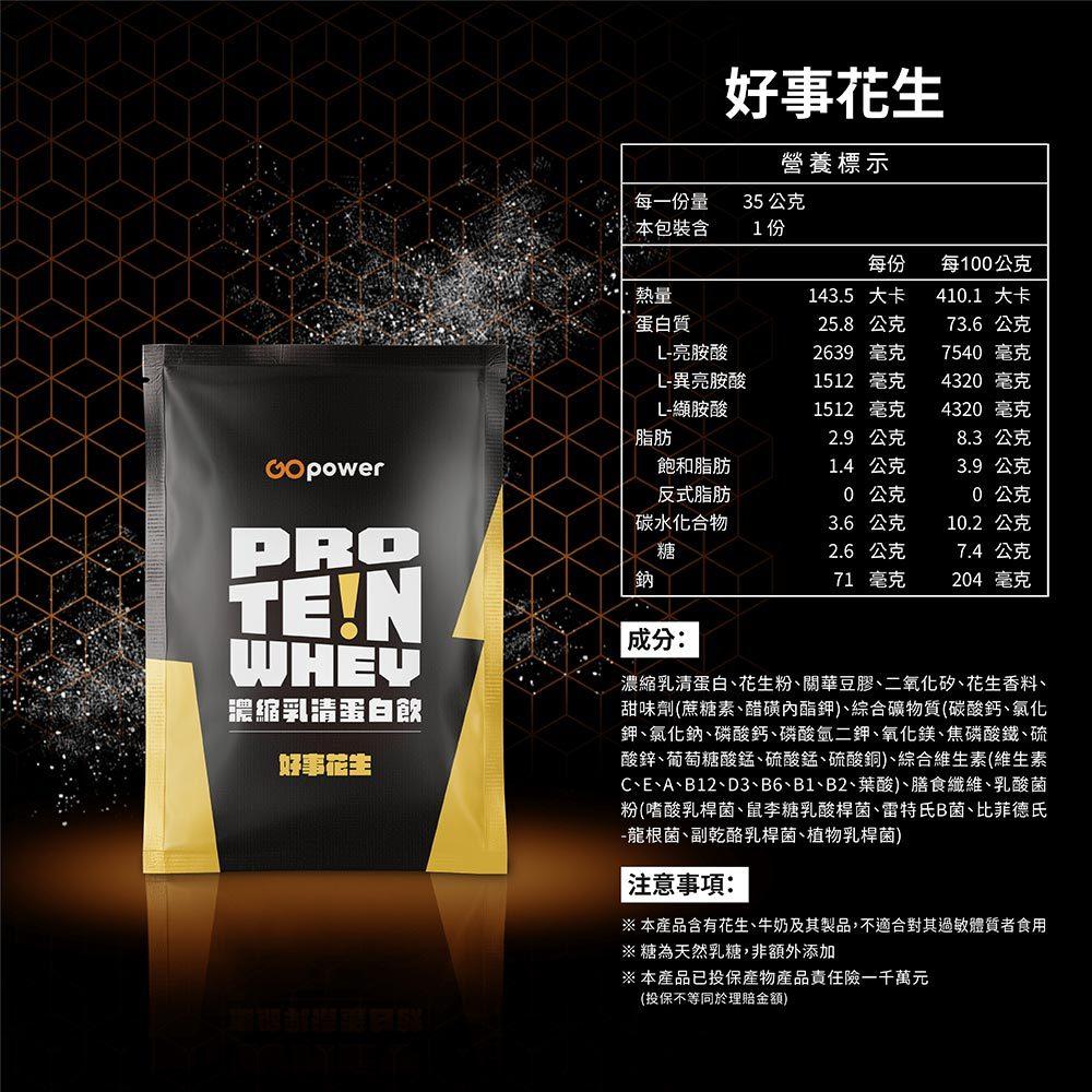 GOpower 果果能量 Whey Protein 濃縮乳清蛋白飲-好事花生口味 35克隨身包 高蛋白 蛋白粉-細節圖9