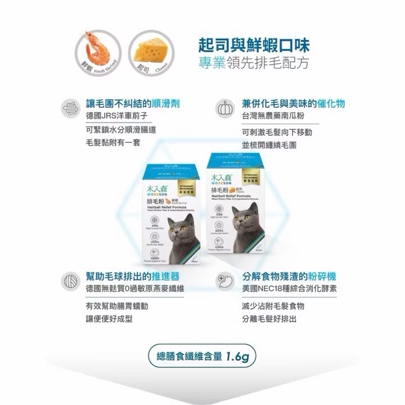 【木入森】排毛粉 盒裝 /30包入 貓草 鮮蝦 溫和排毛 腸胃健康 貓咪排毛 寵物保健 貓 木入森-細節圖5